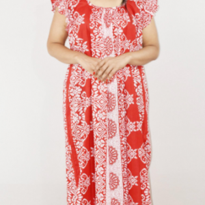 Red Cotton Maxi Nighty Square Neck Short Sleeves with pleats