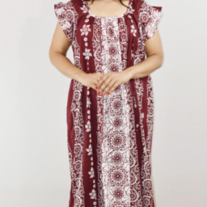 Maroon Cotton Maxi Nighty Square Neck Short Sleeves with pleats