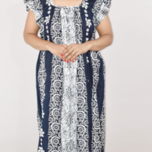 Blue Cotton Maxi Nighty Square Neck Short Sleeves with pleats