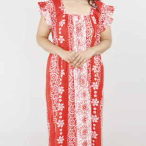 Red Cotton Maxi Nighty Square Neck Short Sleeves with pleats