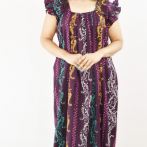 Dark Maroon Cotton Maxi Nighty Square Neck Short Sleeves with pleats