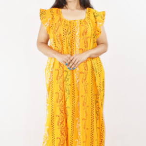 Yellow Cotton Maxi Nighty Square Neck Short Sleeves with pleats
