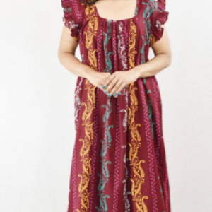 Maroon Cotton Maxi Nighty Square Neck Short Sleeves with pleats