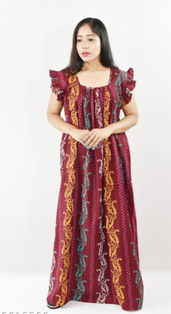 Maroon Cotton Maxi Nighty Square Neck Short Sleeves with pleats