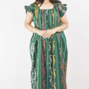 Green Cotton Maxi Nighty Square Neck Short Sleeves with pleats