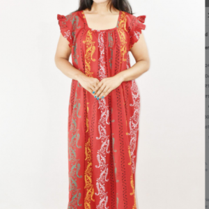 Red Cotton Maxi Nighty Square Neck Short Sleeves with pleats