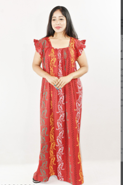 Red Cotton Maxi Nighty Square Neck Short Sleeves with pleats