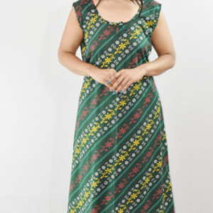 Dark Green Cotton Maxi Nighty Round Neck & Sleeveless