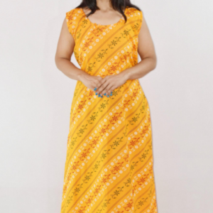 Yellow Green Cotton Maxi Nighty Round Neck & Sleeveless