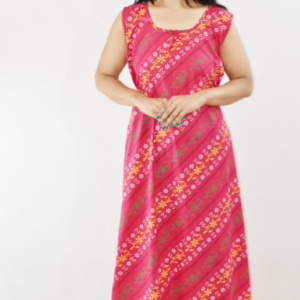 Pink Green Cotton Maxi Nighty Round Neck & Sleeveless