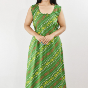 Green Green Cotton Maxi Nighty Round Neck & Sleeveless