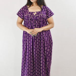 Purple Cotton Maxi Nighty Square Neck Short Sleeve With Pipien