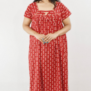 Red Cotton Maxi Nighty Square Neck Short Sleeve With Pipien