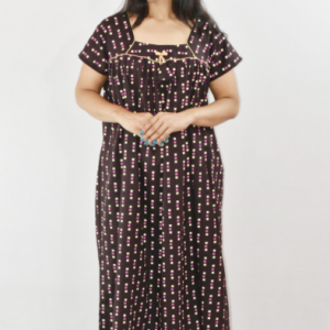 Black Cotton Maxi Nighty Square Neck Short Sleeve With Pipien