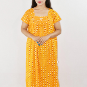 Yellow Cotton Maxi Nighty Square Neck Short Sleeve With Pipien