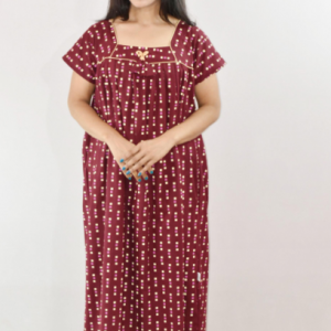 Maroon Cotton Maxi Nighty Square Neck Short Sleeve With Pipien