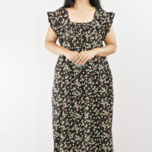 Black Cotton Maxi Nighty Square Neck Short Sleeves with pleats