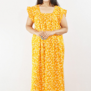 Yellow Cotton Maxi Nighty Square Neck Short Sleeves with pleats