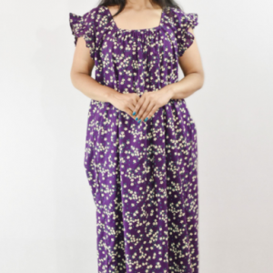 Purple Cotton Maxi Nighty Square Neck Short Sleeves with pleats
