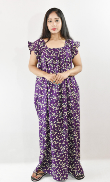 Purple Cotton Maxi Nighty Square Neck Short Sleeves with pleats