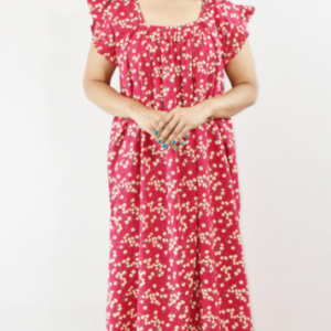 Red Cotton Maxi Nighty Square Neck Short Sleeves with pleats