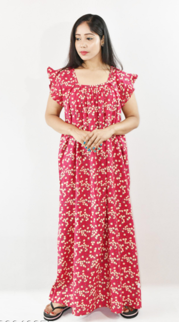Red Cotton Maxi Nighty Square Neck Short Sleeves with pleats