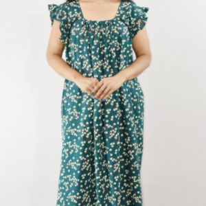 Blue Cotton Maxi Nighty Square Neck Short Sleeves with pleats