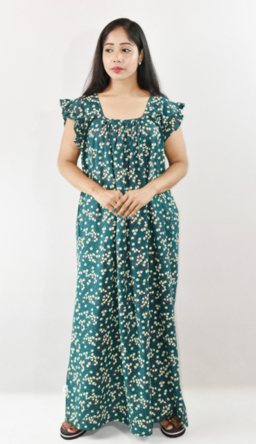 Blue Cotton Maxi Nighty Square Neck Short Sleeves with pleats