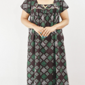 Brown Cotton Maxi Nighty Square Neck Short Sleeve With Pipien
