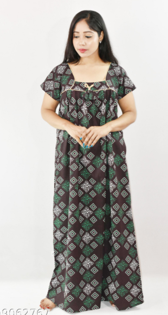 Brown Cotton Maxi Nighty Square Neck Short Sleeve With Pipien