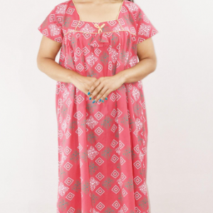 Pink Cotton Maxi Nighty Square Neck Short Sleeve With Pipien