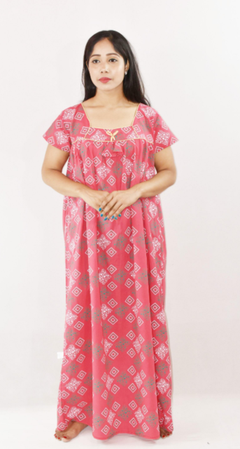 Pink Cotton Maxi Nighty Square Neck Short Sleeve With Pipien