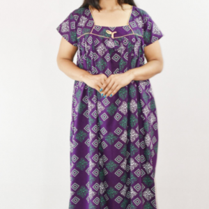 Purple Cotton Maxi Nighty Square Neck Short Sleeve With Pipien