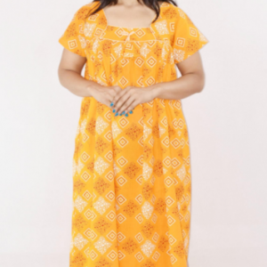 Yellow Cotton Maxi Nighty Square Neck Short Sleeve With Pipien