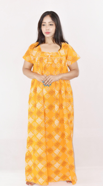 Yellow Cotton Maxi Nighty Square Neck Short Sleeve With Pipien