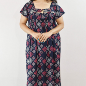 Black Cotton Maxi Nighty Square Neck Short Sleeve With Pipien