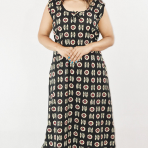 Black Cotton Maxi Nighty Round Neck & Sleeveless