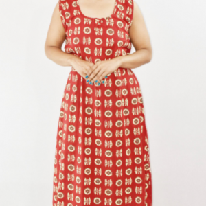 Red Cotton Maxi Nighty Round Neck & Sleeveless