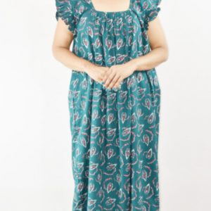 Blue Cotton Maxi Nighty Square Neck Short Sleeves with pleats