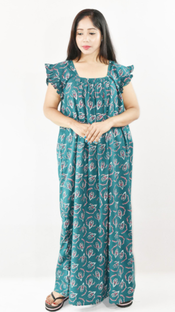 Blue Cotton Maxi Nighty Square Neck Short Sleeves with pleats