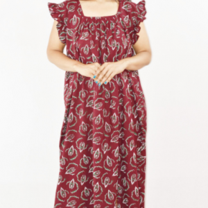 Maroon Cotton Maxi Nighty Square Neck Short Sleeves with pleats