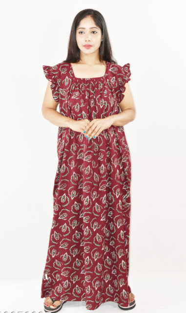 Maroon Cotton Maxi Nighty Square Neck Short Sleeves with pleats