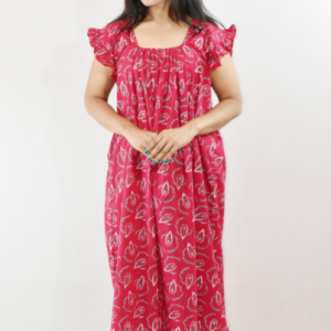 Pink Cotton Maxi Nighty Square Neck Short Sleeves with pleats