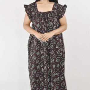 Black Cotton Maxi Nighty Square Neck Short Sleeves with pleats