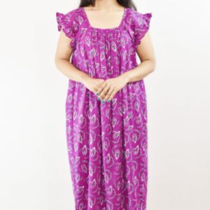 Purple Cotton Maxi Nighty Square Neck Short Sleeves with pleats