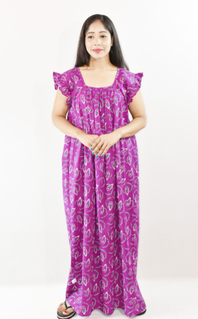 Purple Cotton Maxi Nighty Square Neck Short Sleeves with pleats