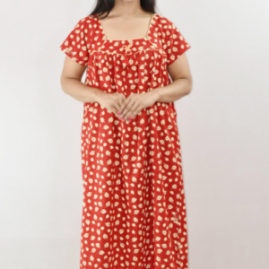 Bdrox Cotton Red Maxi Nighty Square Neck Short Sleeve With Pipien
