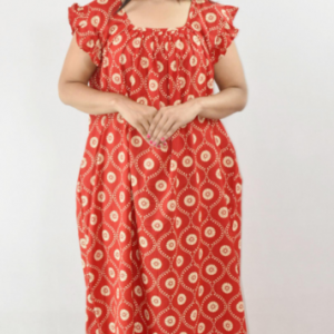 Bdrox Cotton Red Maxi Nighty Square Neck Short Sleeves with pleats