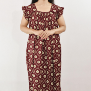 Bdrox Cotton Maroon Maxi Nighty Square Neck Short Sleeves with pleats