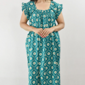 Bdrox Cotton Mint Green Maxi Nighty Square Neck Short Sleeves with pleats